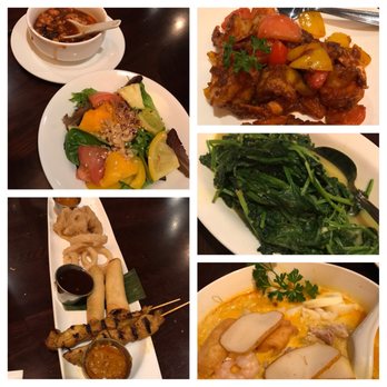 Banana Leaf - Appetizer sampler, spinach, sambal shrimp, and Singapore laksa,hot and sour soup, and mango pineapple salad. - Malaysian Near Me - Vancouver, British Columbia