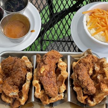 Treylor Park - Blueberry chicken and waffle tacos and cheese grits - Diners Near Me - Savannah, Georgia