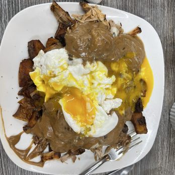 Brunch Point - Poutine over home style potatoes with poached runny eggs! Sooooo gooooood! - Breakfast & Brunch Near Me - Vista, California