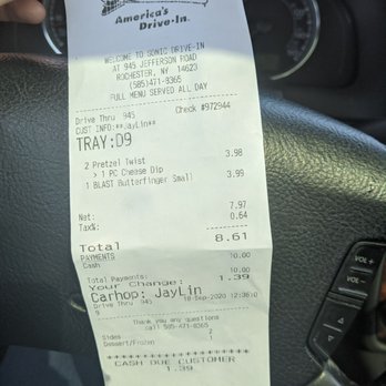 Sonic Drive-In - The receipt from my purchase of a fingernail a la mode - Fast Food Near Me - Rochester, New York