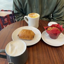 Coffee Bureau - London Fog, Golden Latte, chocolate pastry, & mixed berry muffin