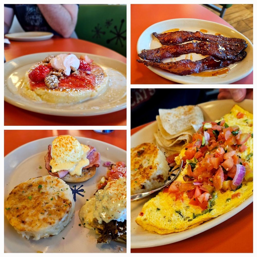 Snooze, an A.M. Eatery - Strawberry pancake. Bacon. Scrambled eggs and hash browns. Regular Benny and chile verde Benny. - Breakfast & Brunch Near Me - Tucson, Arizona Snooze, an A.M. Eatery - Strawberry pancake. Bacon. Scrambled eggs and hash browns. Regular Benny and chile verde Benny. - Breakfast & Brunch Near Me - Tucson, Arizona