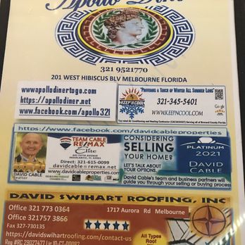 Apollo Diner - Menu cover - Seafood Near Me - Melbourne, Florida