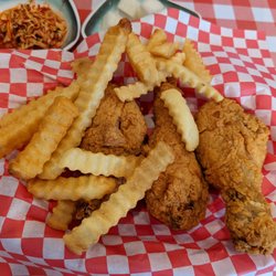 92 Chicken - Lunch special with 3 chicken drumsticks (original), fries, and Korean side dishes.