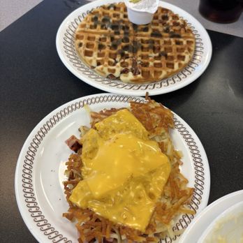 Waffle House - Blueberry Waffle Single Regular Hashbrowns with cheese and ham - Diners Near Me - Del City, Oklahoma Waffle House - Blueberry Waffle Single Regular Hashbrowns with cheese and ham - Diners Near Me - Del City, Oklahoma