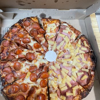 Mountain Mike's Pizza - Half Classic Pepperoni Pizza , half ham & pineapple. - Pizza Near Me - Modesto, California Mountain Mike's Pizza - Half Classic Pepperoni Pizza , half ham & pineapple. - Pizza Near Me - Modesto, California