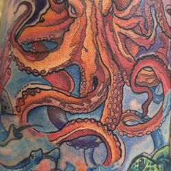 Loose Cannon Tattoo & Piercing - A water color tattoo half sleeve of some of my favorite sea life.