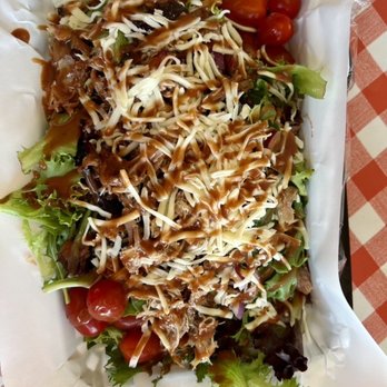 Adam's Smokehouse - Pulled Pork Salad with their Cranberry Cayenne Sauce - Barbeque Near Me - Saint Louis, Missouri Adam's Smokehouse - Pulled Pork Salad with their Cranberry Cayenne Sauce - Barbeque Near Me - Saint Louis, Missouri