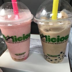 Pholicious - Strawberry w/ green apple bubbles (left) Milk tea w/ blueberry bubbles (right)