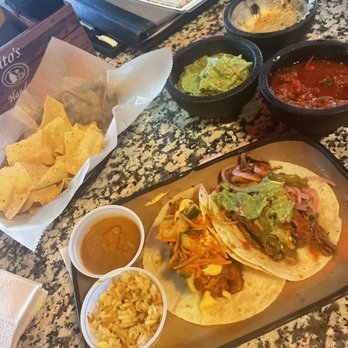 Lowkey Taco - Trio with chips, the fajita (brisket) taco and Lt. Dan (fried shrimp with house made kimchi) taco. - Tacos Near Me - Pittsburgh, Pennsylvania