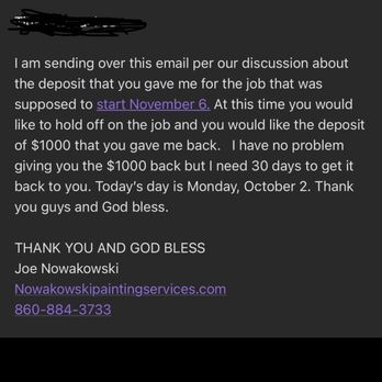 Nowakowski Painting - Email of statement of deposit return - Painters Near Me - Waterford, Connecticut Nowakowski Painting - Email of statement of deposit return - Painters Near Me - Waterford, Connecticut