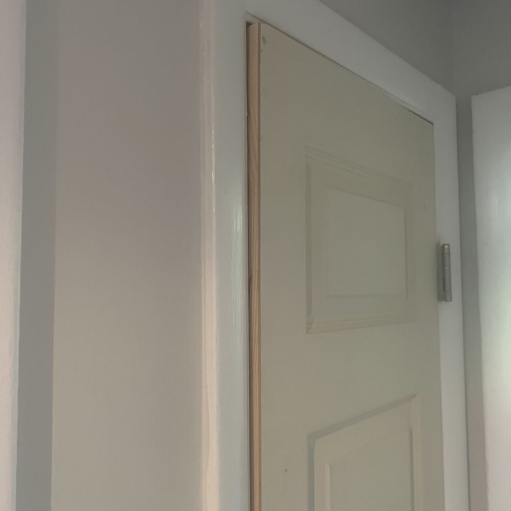 CJP Construction - Our Linen Hallway closet door. Hung very crooked. People are still trying to close it when they see it. - General Contractors Near Me - Fairport, New York CJP Construction - Our Linen Hallway closet door. Hung very crooked. People are still trying to close it when they see it. - General Contractors Near Me - Fairport, New York