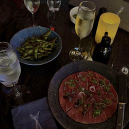 Rosè, Edamame, Big Eye Tuna Pizza.