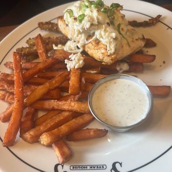 Saltgrass Steak House - Oscar salmon, asparagus, sweet potato fries. - Steakhouses Near Me - Omaha, Nebraska Saltgrass Steak House - Oscar salmon, asparagus, sweet potato fries. - Steakhouses Near Me - Omaha, Nebraska