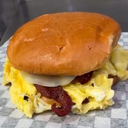 Keokias Kitchen - Breakfast Burger with bacon, sausage, egg, hash brown and cheese.