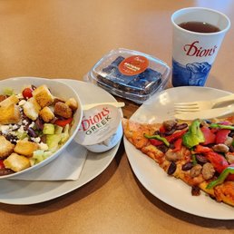Half order Greek salad, single slice o' pie (sausage, peppers, olives on top), small sweet tea, brownie.