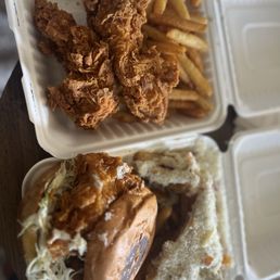 This is the chicken fingers and fries on top. On the bottom is the fried chicken Sandwich with Truffle Fries! This is the chicken fingers and fries on top. On the bottom is the fried chicken Sandwich with Truffle Fries!