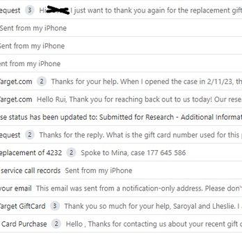 Target - Emails with target customer services and  to myself for scanned proof of receipt and gift cards, etc. - Department Stores Near Me - Tustin, California
