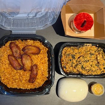 Suya Joint Boston - African Dinner - Jollof Rice, Plantains, Egusi with Chicken and Fufu, and Red Velvet Cheesecake - African Near Me - Boston, Massachusetts Suya Joint Boston - African Dinner - Jollof Rice, Plantains, Egusi with Chicken and Fufu, and Red Velvet Cheesecake - African Near Me - Boston, Massachusetts