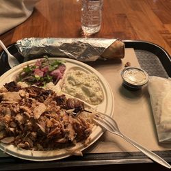 Rosewater Middle Eastern Grill - Shawarma pita wrap and Platter number 1 with babaganosh and tahini sauce.