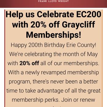 Frank Lloyd Wright's Graycliff - Celebrate the 200th birthday of Erie County with 20% off all memberships - Landmarks & Historical Buildings Near Me - Derby, New York Frank Lloyd Wright's Graycliff - Celebrate the 200th birthday of Erie County with 20% off all memberships - Landmarks & Historical Buildings Near Me - Derby, New York