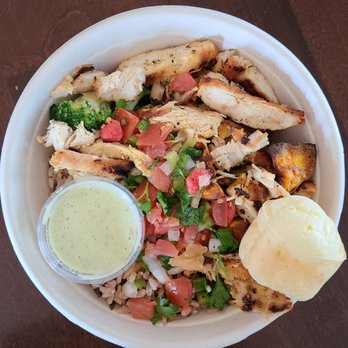 Aubergine Kitchen - Chicken almond wild Rice bowl. With cheese bread. - Mediterranean Near Me - Orem, Utah