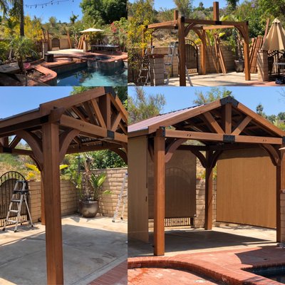 Outdoor Home Theater Install - We took an unused backyard space and turned it into a comfortable entertainment area near the pool. Full pergola assembly.  Full Low Voltage electrical install, Custom TV  and sound bar mount, Lighting installation, shade installation.  What a space!