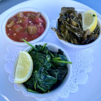 St Augustine Fish Camp - 3 sides spinach, okra and tomatoes, collard greens.  Small size - Seafood Near Me - St Augustine, Florida
