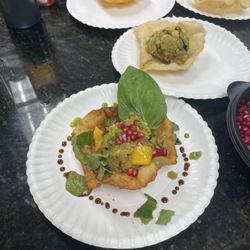 Adventureforfood - Open samosa with Pomegranate and Thai Basil.