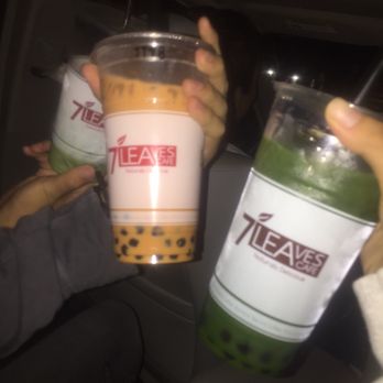 7 Leaves Cafe - Left: matcha soy tea, middle: thai tea w/ boba , right: matcha tea w/ boba (all large sizes) - Coffee & Tea Near Me - Alhambra, California
