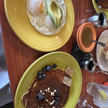 The Range Cafe - Blue Corn Pancakes & 2 Eggs with Avocado & Green Chile sauce - Mexican Near Me - Albuquerque, New Mexico