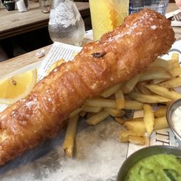 Beer battered haddock and chips with minty peas Beer battered haddock and chips with minty peas