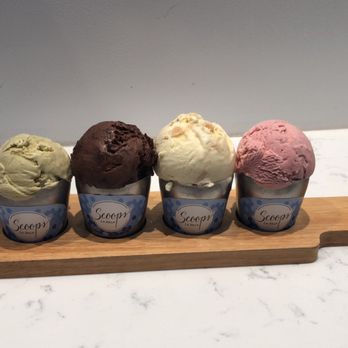 Scoops - $12.95 for mini flights. From left to right: Pistachio, Triple Chocolate Brownie, Almond Pear Tart, Strawberry. - Ice Cream & Frozen Yogurt Near Me - La Jolla, California Scoops - $12.95 for mini flights. From left to right: Pistachio, Triple Chocolate Brownie, Almond Pear Tart, Strawberry. - Ice Cream & Frozen Yogurt Near Me - La Jolla, California