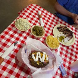 Bare Bones BBQ - Baked potato with rib meat Mac n cheese green beans potato salad and brisket