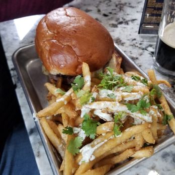 Boombox Brew Bar - Bison burger with bacon, green chilies, spicy blueberry bacon jam and fries. - Brewpubs Near Me - Denver, Colorado