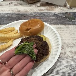 Henry's Burgers & Cream - So disappointed!!! $20 for 2 hamburgers and small fry to get this Dry over cooked burger and crappy tiny lettuce.