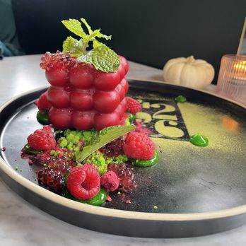4296 - raspberry chocolate mousse dessert with matcha crumble and mint - Canadian (New) Near Me - Canmore, Alberta 4296 - raspberry chocolate mousse dessert with matcha crumble and mint - Canadian (New) Near Me - Canmore, Alberta