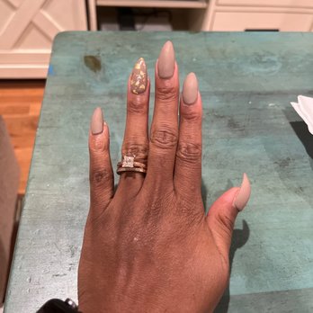 Zen Nails Studio - Nude matte nails with non-matte gold foil design on ring finger. - Nail Salons Near Me - Oxon Hill, Maryland
