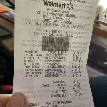Walmart Supercenter - Receipt - Department Stores Near Me - Jamestown, Tennessee