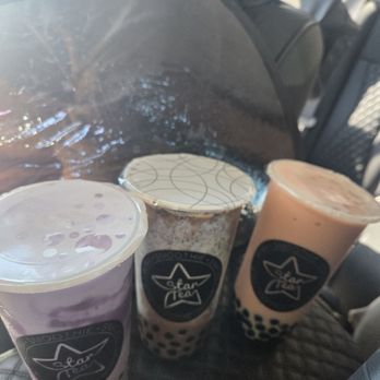 Star Tea - Left to right:  Taro Coco Blended with boba,   Oreo Chocolate Blended with boba, PMS Smoothie - Bubble Tea Near Me - Gilroy, California