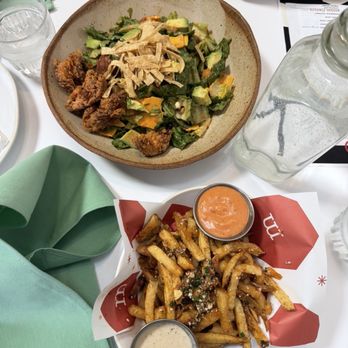 Moo Creamery - BBQ Ranch Crispy Chicken Salad and Spicy Garlic Fries - Burgers Near Me - Bakersfield, California Moo Creamery - BBQ Ranch Crispy Chicken Salad and Spicy Garlic Fries - Burgers Near Me - Bakersfield, California