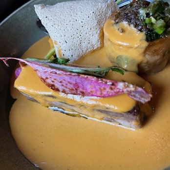 ROOH - ARGE PLATES - DINNER ROOH SF  Beef Shortrib Madras Curry, Baby Turnip, Carrot, Confit Potato, Bone Marrow Kurchan - Indian Near Me - San Francisco, California