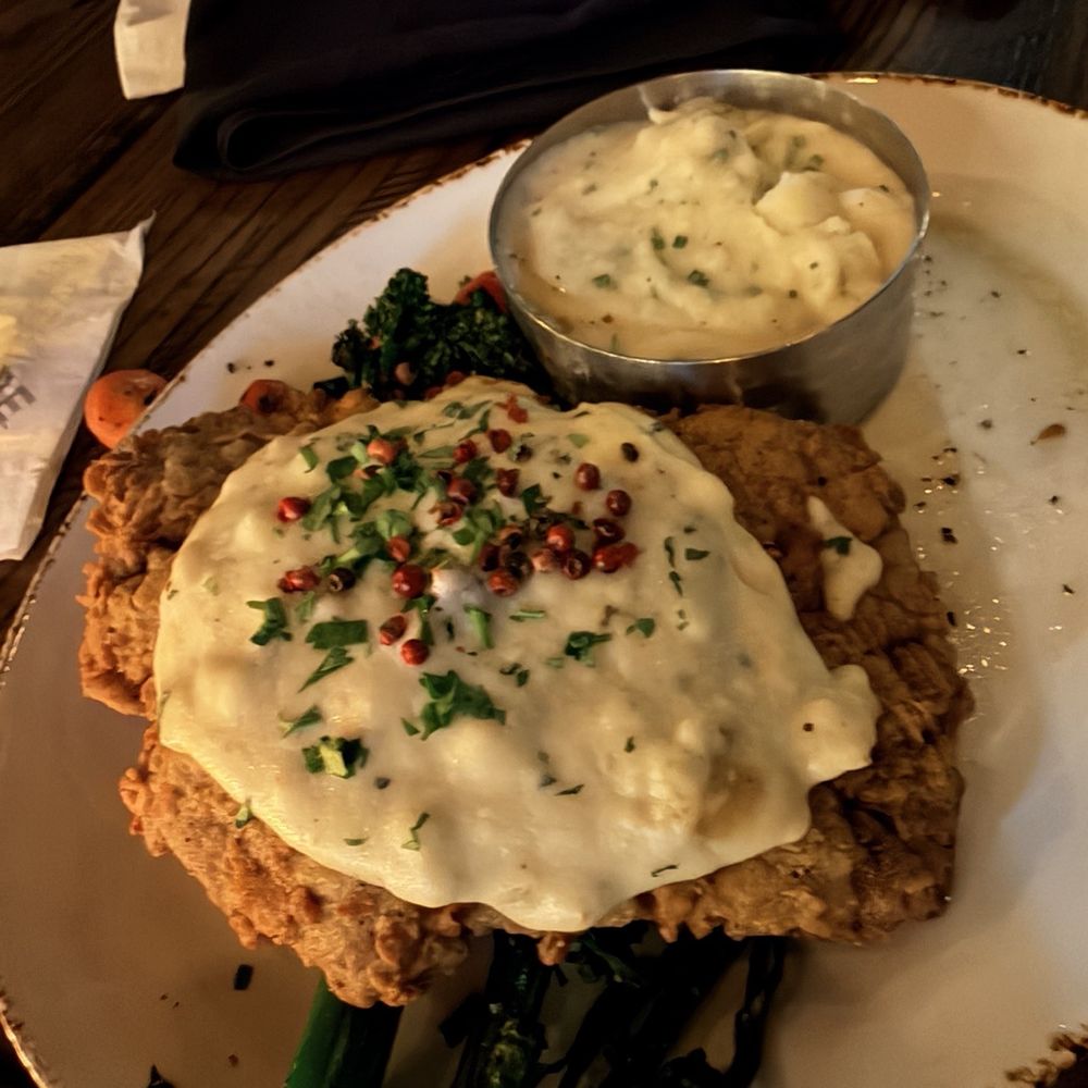 Haywire - Chicken fried steak with broccoli and mash - New American Near Me - Austin, Texas Haywire - Chicken fried steak with broccoli and mash - New American Near Me - Austin, Texas