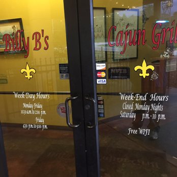 Billy B's Cajun Grill - Front door with hours - Seafood Near Me - Mansfield, Louisiana