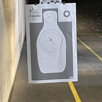 Johns Creek Indoor Range - Initial two volleys (head shot was on purpose as we were only 5 yds away) - Gun/Rifle Ranges Near Me - Suwanee, Georgia