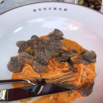 Bouchon - Pasta of the day - Pyramid stuffed with tomatoes and ricotta with shaved black truffles - French Near Me - Yountville, California