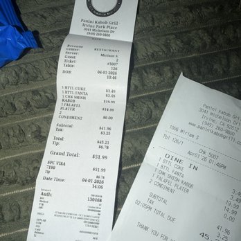 Panini Kabob Grill - Receipt proof at the restaurant. - Mediterranean Near Me - Irvine, California Panini Kabob Grill - Receipt proof at the restaurant. - Mediterranean Near Me - Irvine, California