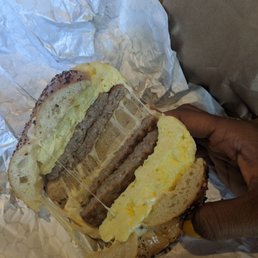 Sausage egg and cheese on an everything bagel Sausage egg and cheese on an everything bagel