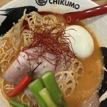 Ramen Chikumo - Asparagus, slices of chicken or pork (I forgot), some kind of root and add ons would be the boiled egg and chili paste - Ramen Near Me - Los Angeles, California Ramen Chikumo - Asparagus, slices of chicken or pork (I forgot), some kind of root and add ons would be the boiled egg and chili paste - Ramen Near Me - Los Angeles, California