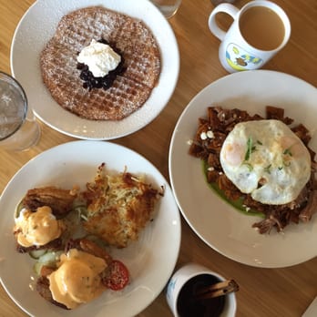Early Bird - This was the best breakfast EVER. From left to right: Dutch Waffle, Carnita Chilaquiles and Pork Belly Benedict. YUMMM. - New American Near Me - Fullerton, California Early Bird - This was the best breakfast EVER. From left to right: Dutch Waffle, Carnita Chilaquiles and Pork Belly Benedict. YUMMM. - New American Near Me - Fullerton, California
